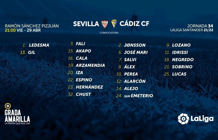 Convocatoria del Cádiz CF para su visita al Sánchez-Pizjuán de mañana