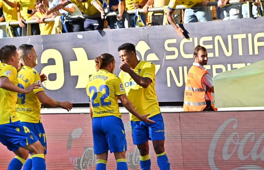 Pacha Espino celebrando el tanto anulado ante el Celta de Vigo